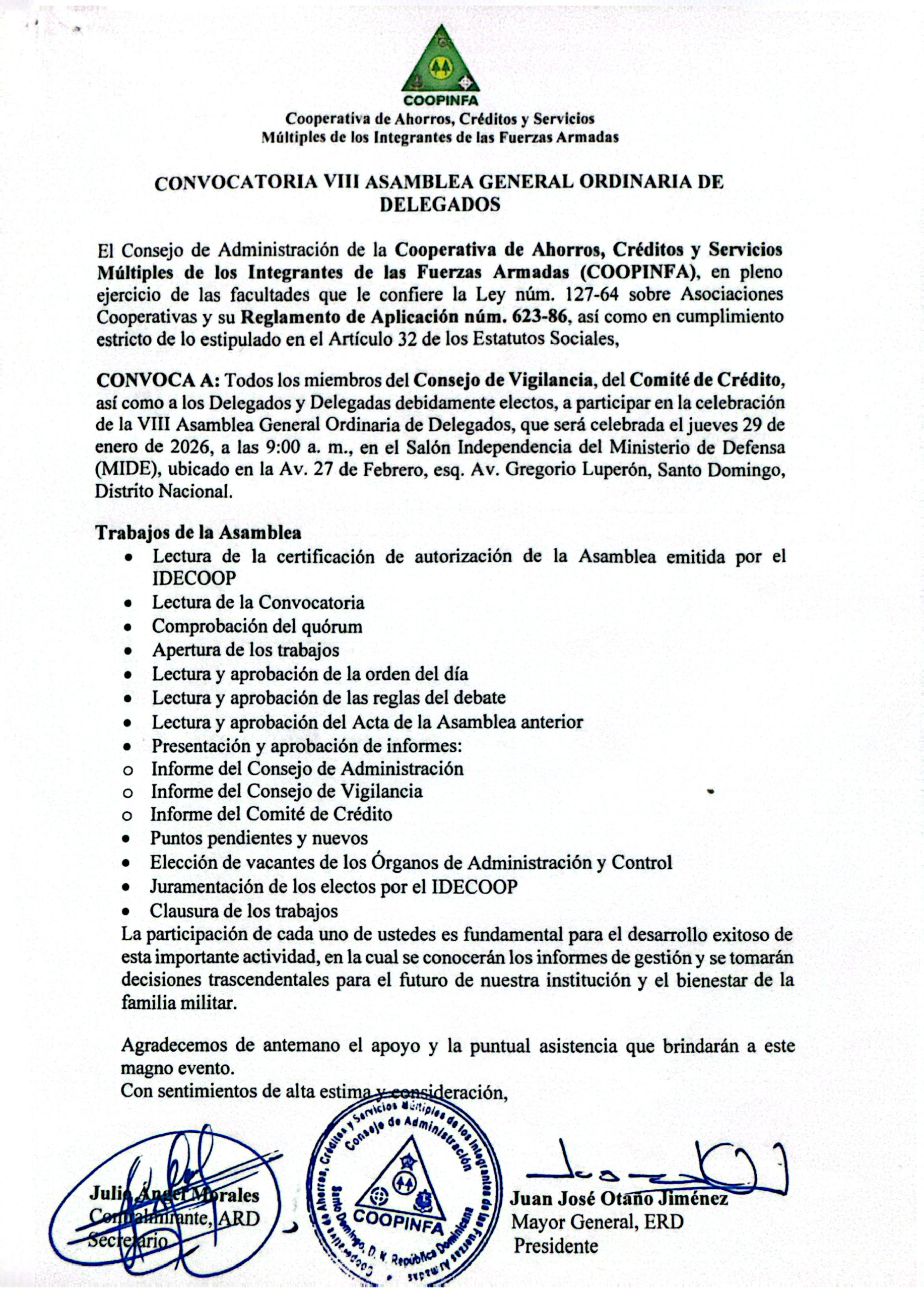 Convocatoria para la VIII Asamblea General de Delegados - COOPINFA